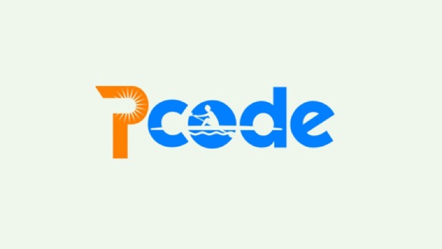 The PCODE logo, an orange P beside blue lettering containing a rower on water