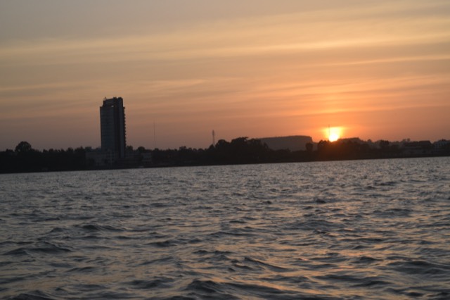 Sunset over Lake Tana at Bahir Dar, a lone tower silhouetted on the far shore